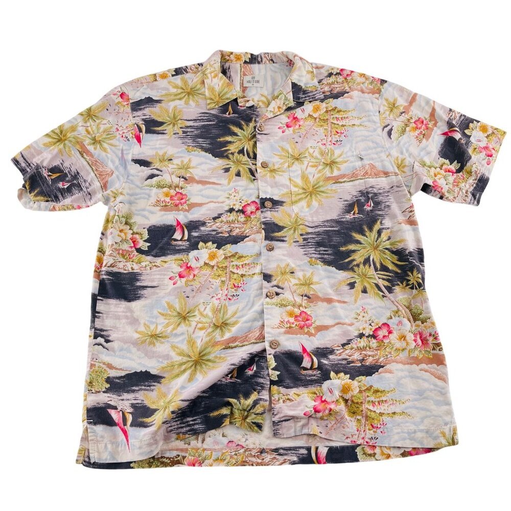 Solitude Mens Hawaiian Shirt XL Tropical Print Button-Up Short Sleeve‎ Cotton